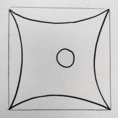 再将四个角像中心圆圈相连,注意微微委曲,呈现扭动的效果
